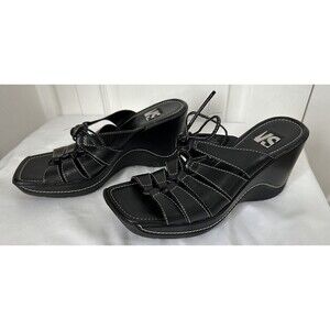 Victoria Secret Silvia Black Leather Slip On Wedge Sandal Adj. Strap Shoe Sz 8.5